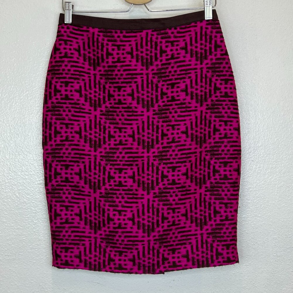 Eva Franco Anthropologie Sz 8 Wool Pencil Skirt Geometric Print Pink Brown Retr.